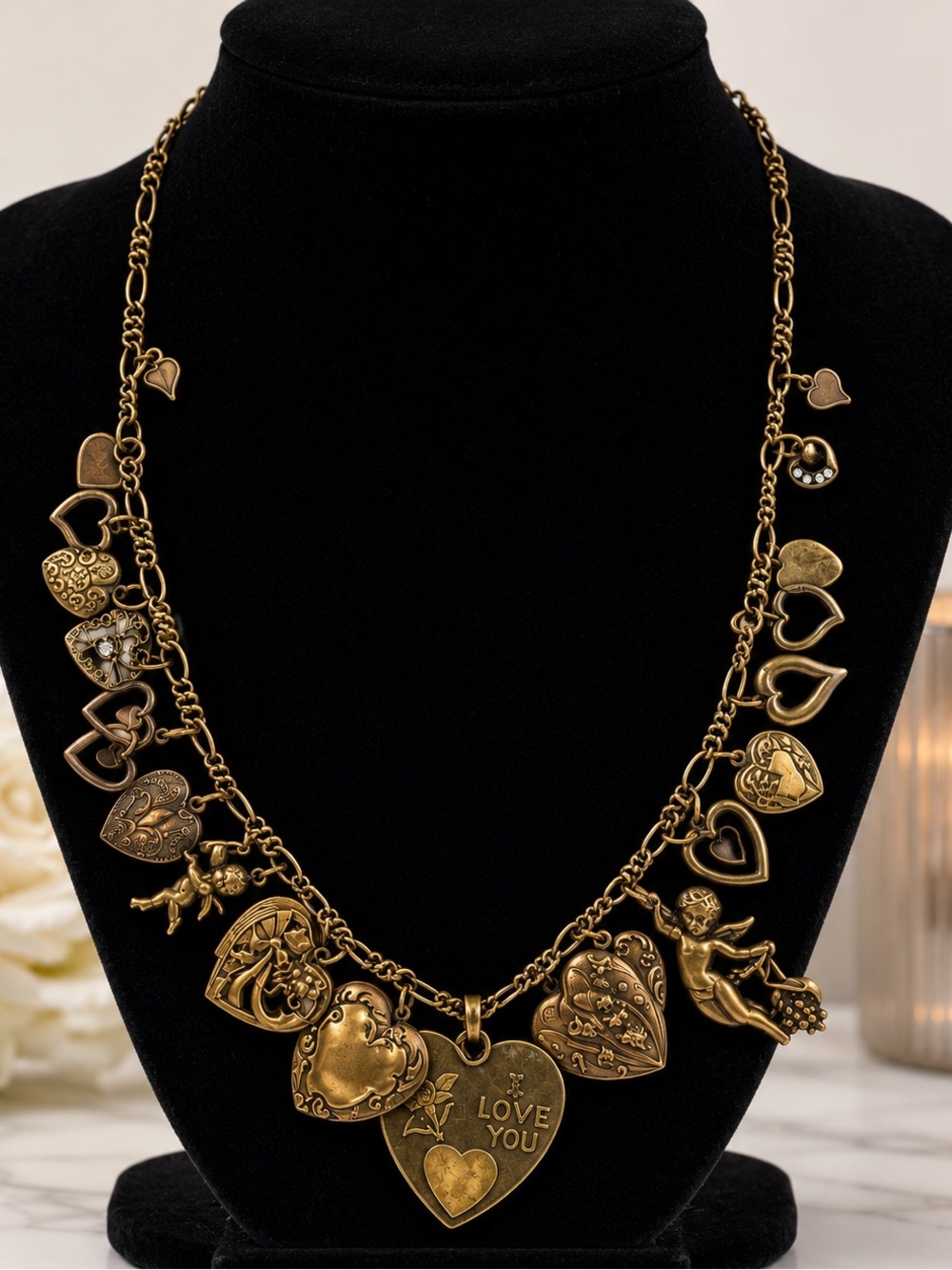 Vintage Gold Heart Charm Necklace - Love You Pendant